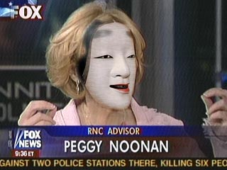 A visual parody which composits a Noh theater mask with a framegrab of Fox News featuring Ms. Peggy Noonan
