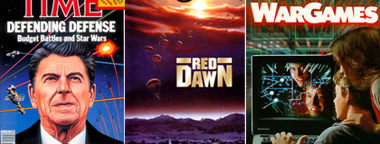 cover of Time Magazine, illustration of the late U.S. President Ronald Reagan, ICBMs, lasers; movie poster for Red Dawn; movie poster for War Games